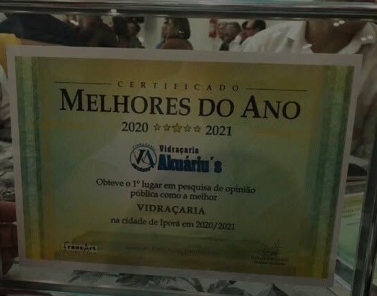 Certificado Melhores do Ano 2020 e 2021 da Vidraçaria Akuáriu's