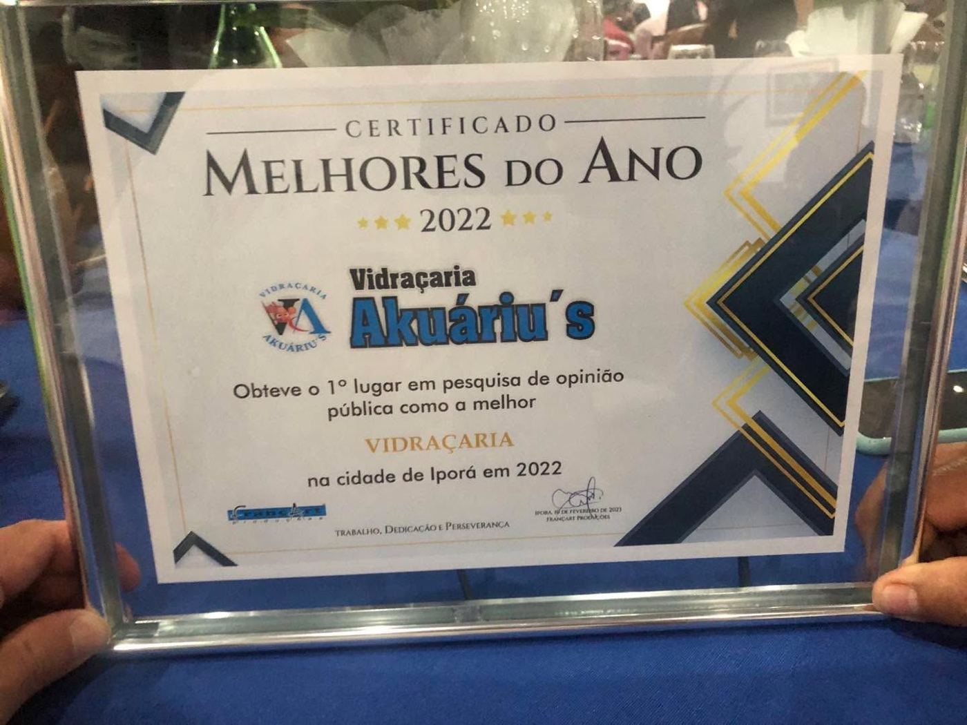 Certificado Melhores do Ano 2022 da Vidraçaria Akuáriu's